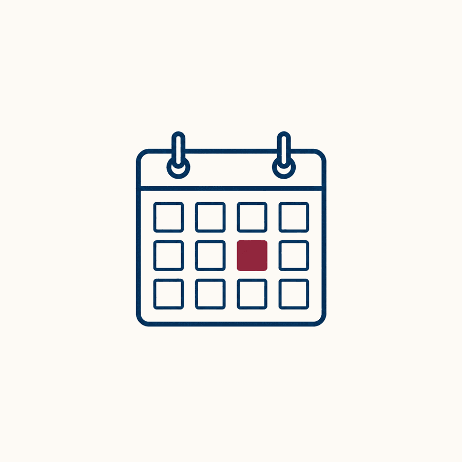 A navy outlined wall calendar with a grid of empty squares in three rows and one square filled solid burgundy