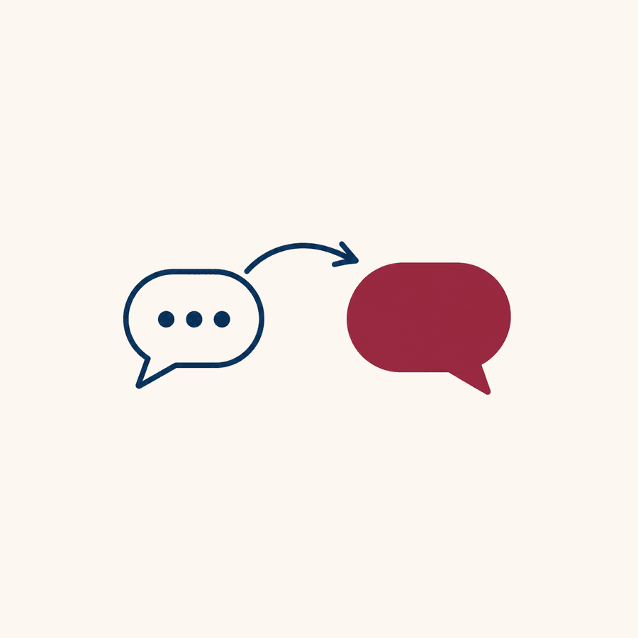 A navy outlined speech bubble with three dots and a curved arrow pointing to a larger solid burgundy speech bubble