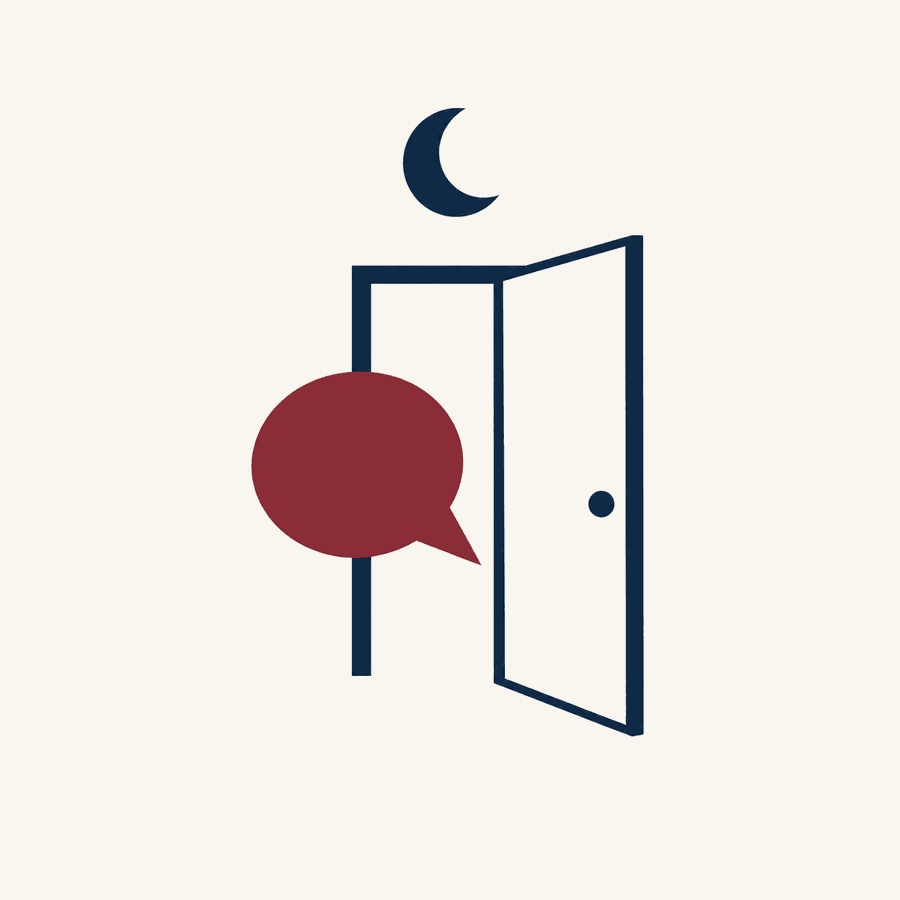 An open door with a crescent moon above it and a burgundy speech bubble passing through the doorway, illustrating an after-hours inquiry being answered at a firm's front door