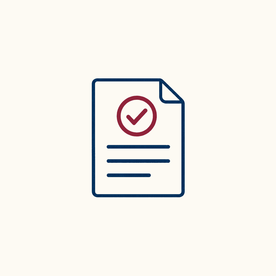 A single sheet of paper with a folded corner, three navy lines of writing and a burgundy checkmark in a circle at the top