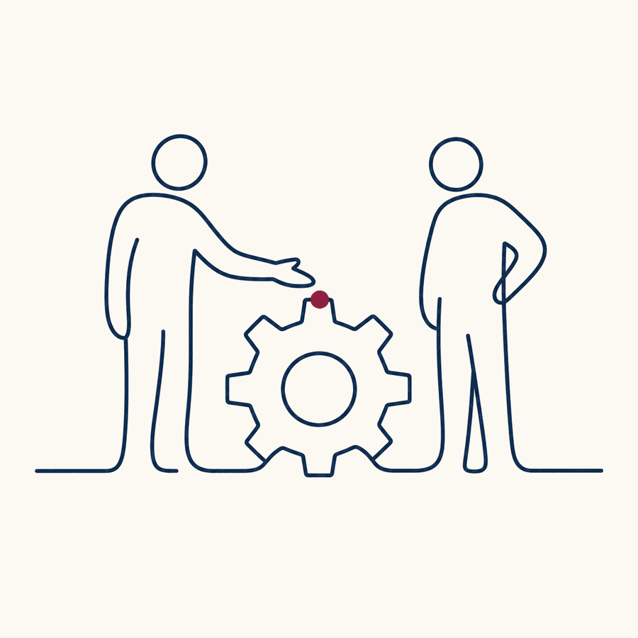 Two people with a gear between them, illustrating AI strategy centered on people