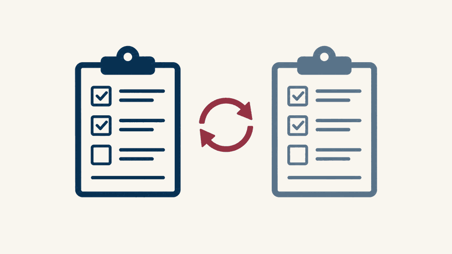 Two clipboards with matching checklists connected by a repeat arrow, the second one faded, illustrating redundant patient intake forms