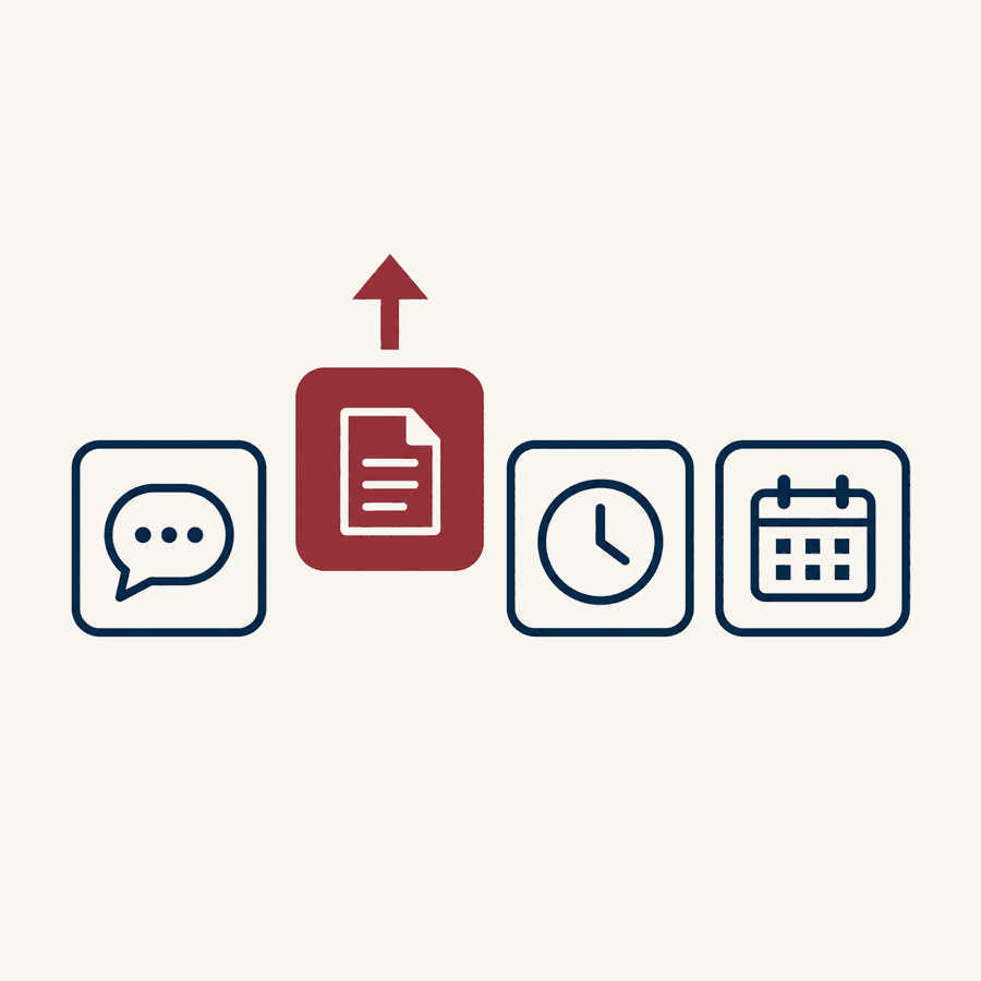 Four task icons in a row, a message bubble, a document, a clock, and a calendar, with the document in burgundy being lifted out by an arrow, illustrating the one task AI can remove from a business