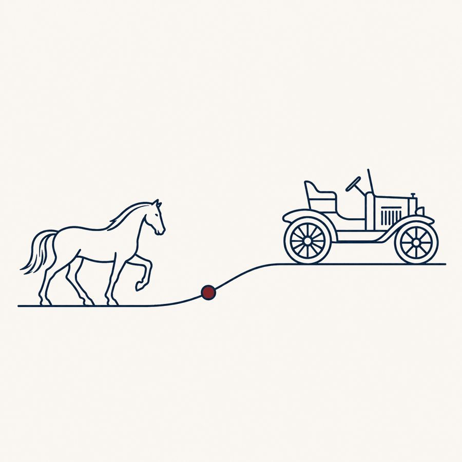 A horse transitioning into an early automobile, illustrating fear of technological change