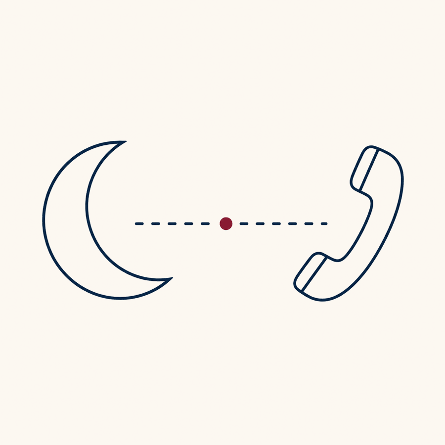 A crescent moon and a phone handset connected by a dotted line, illustrating a missed after-hours call