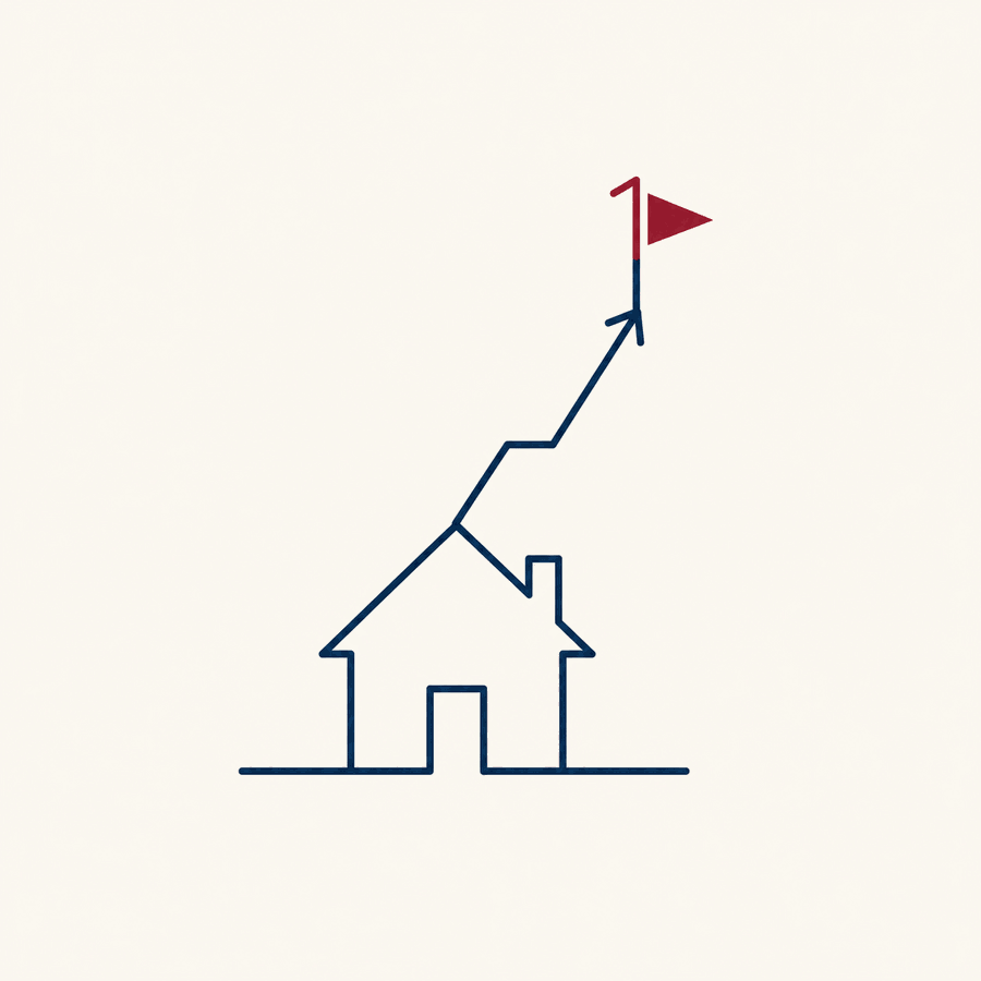 A house with an ascending path to a flag, illustrating climbing to page 1 of Google