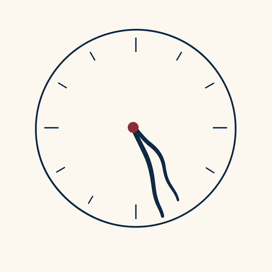 A clock with drooping hands illustrating diminishing returns past 55 hours a week