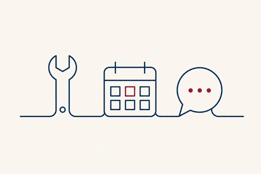 A wrench, calendar, and speech bubble representing three AI automations for contractors