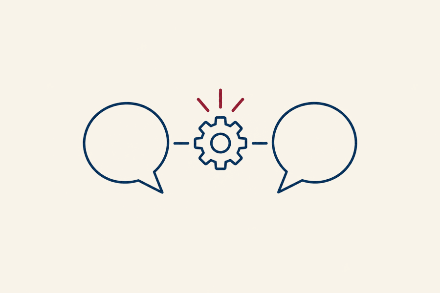 Two speech bubbles connected by a gear, illustrating team conversation before software adoption