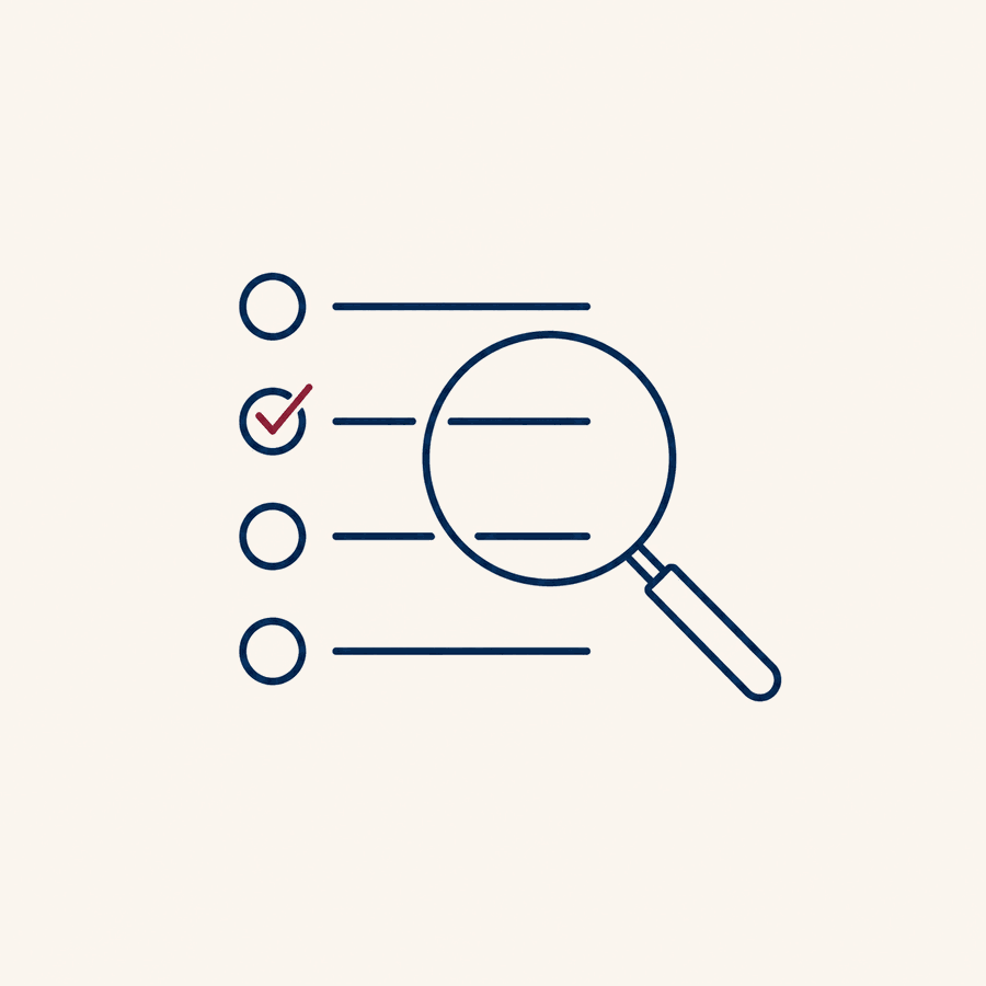 Magnifying glass over a checklist, illustrating the 5-minute AI audit