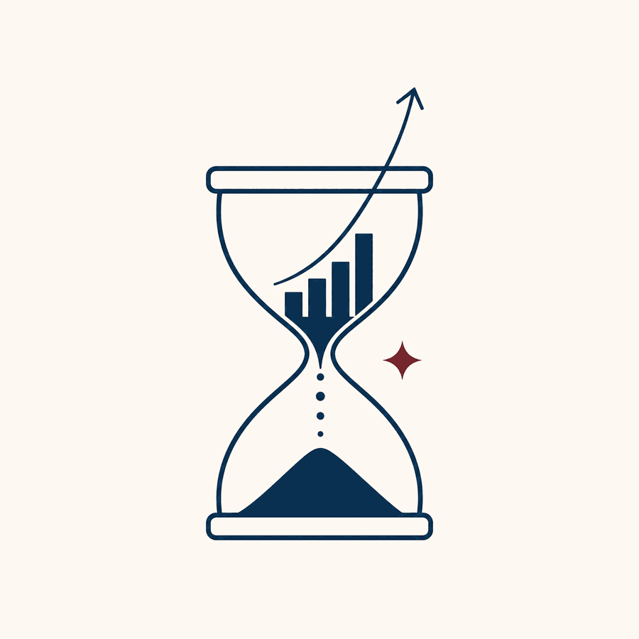 An hourglass with an ascending bar chart and arrow rising from the sand, illustrating the cost of waiting on AI