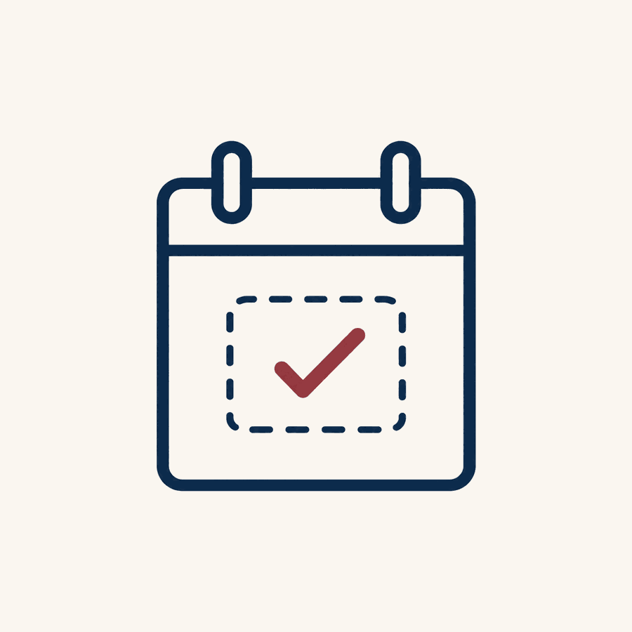 A calendar day square with a dashed empty slot outline and a burgundy checkmark filling it in, illustrating an open appointment slot being filled