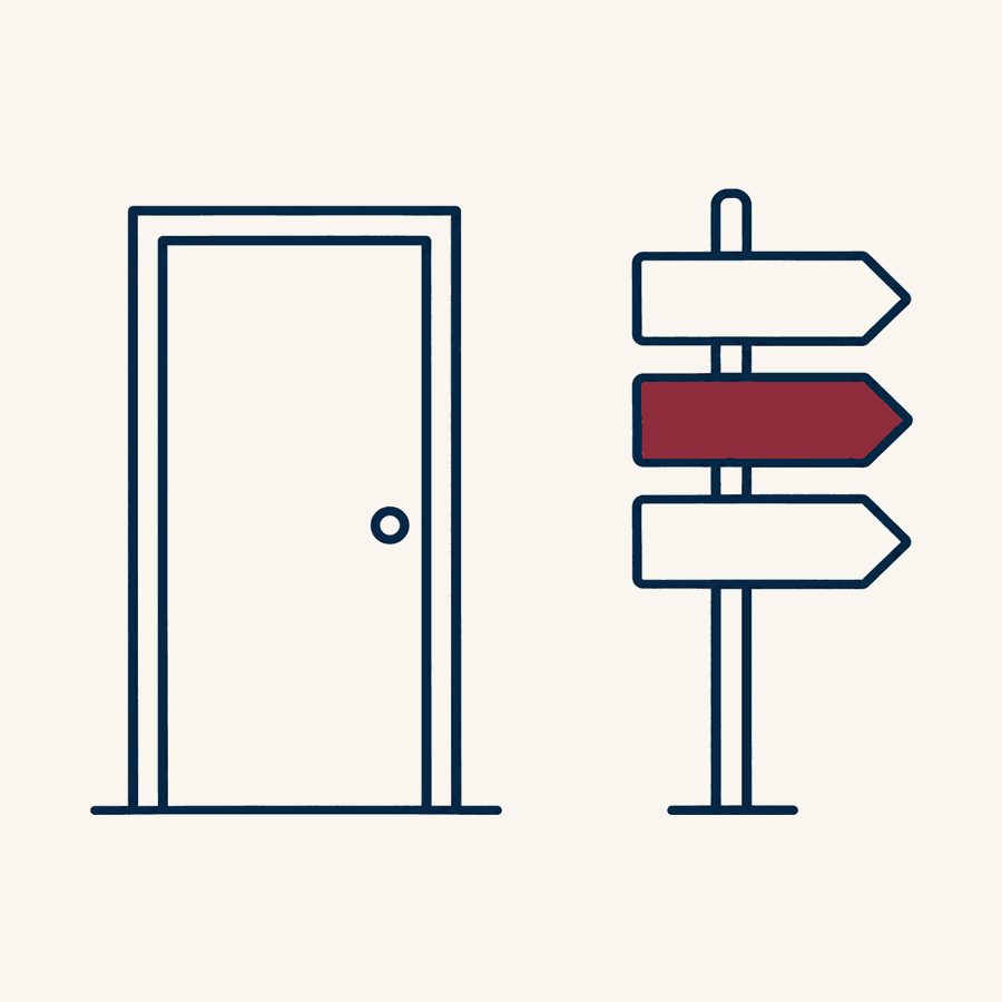 A plain front door drawn in navy lines beside a signpost with three arrow-shaped signs pointing right, the middle sign in burgundy