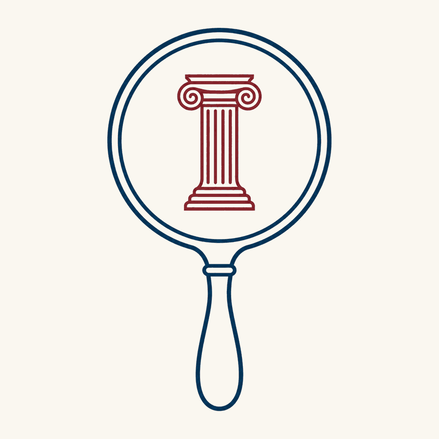 A round hand mirror reflecting a burgundy Greek column, illustrating the know thyself idea of a leader seeing themselves clearly