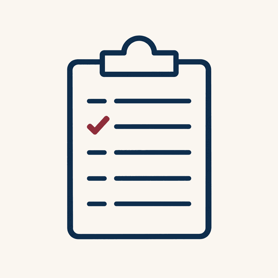 A clipboard with a checklist of five lines, four in navy and one checked in burgundy, illustrating the one qualification question that reveals a serious buyer