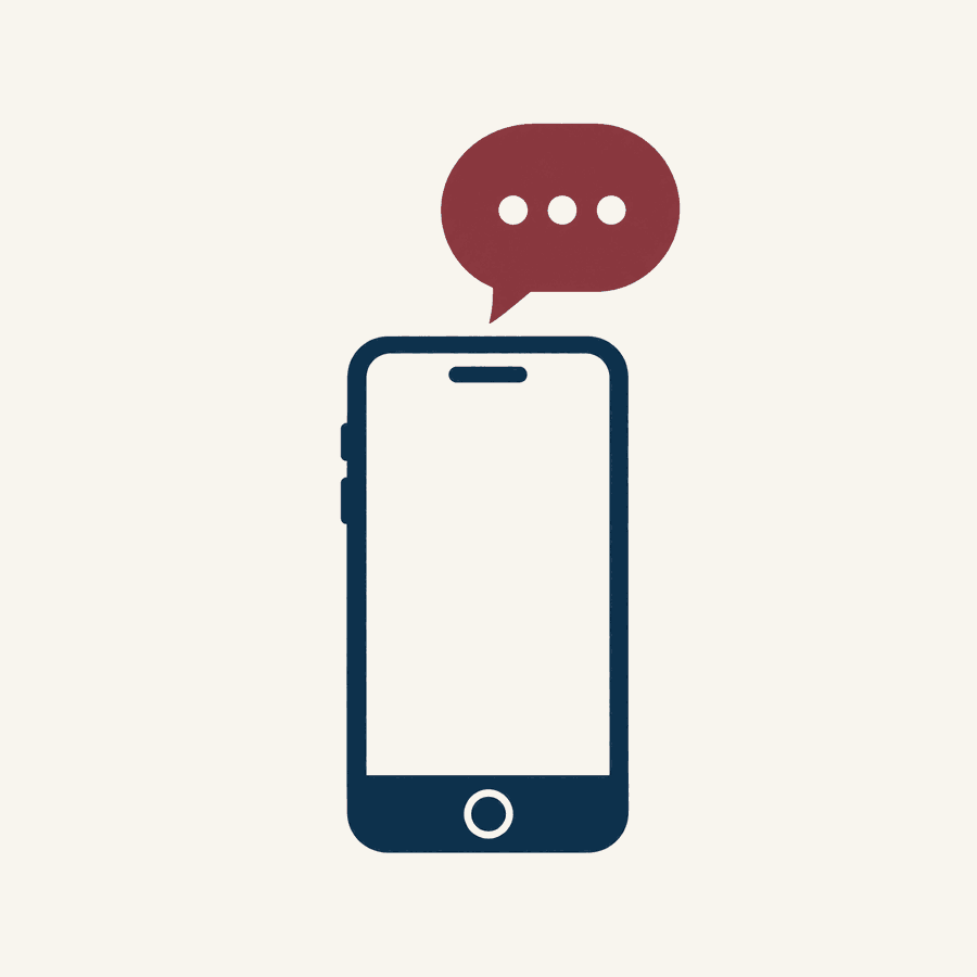 A smartphone with a burgundy speech bubble above it, illustrating an inquiry message arriving on a business's phone