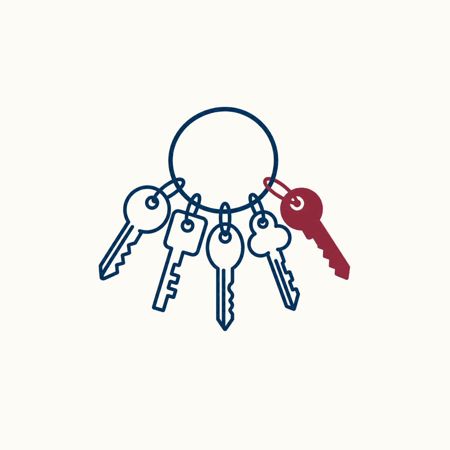 A round key ring holding four navy outlined keys with different shaped heads and teeth, plus one solid burgundy key
