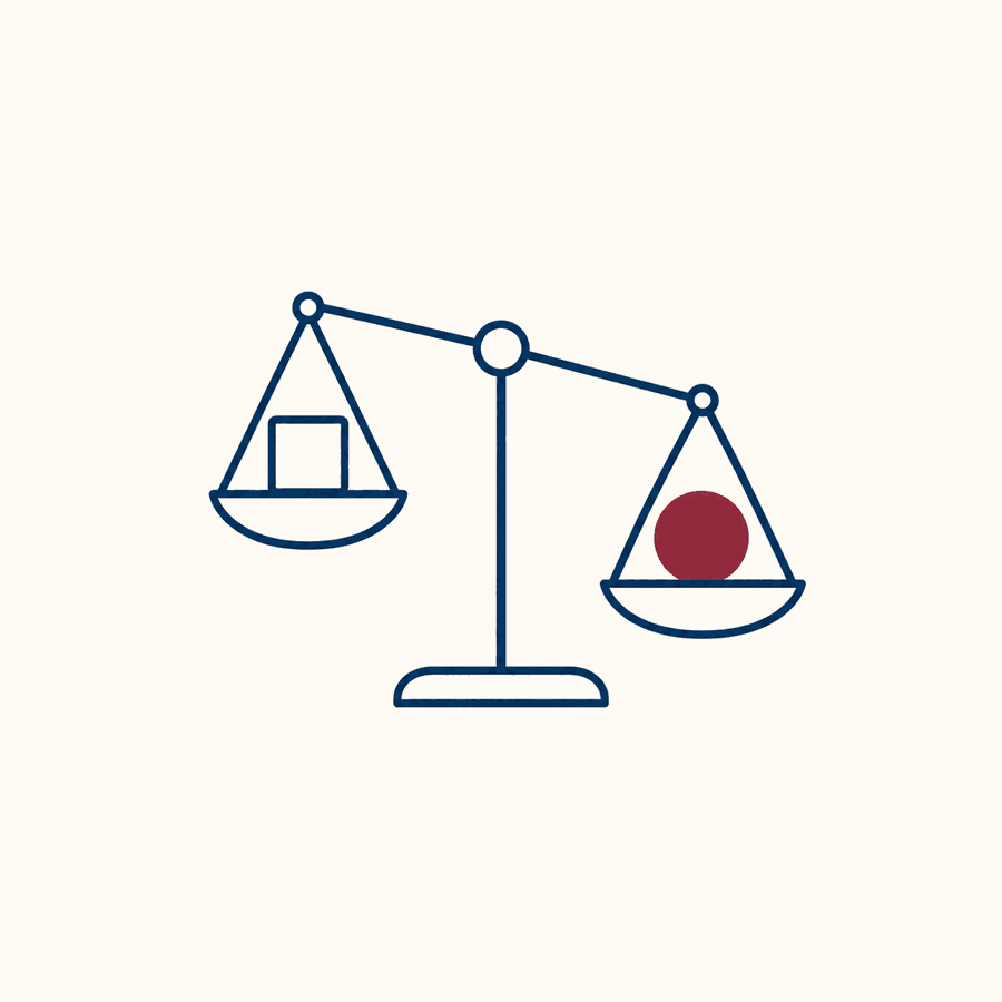A balance scale tipped toward a solid burgundy circle on the right pan, with a plain navy outlined square on the lighter left pan