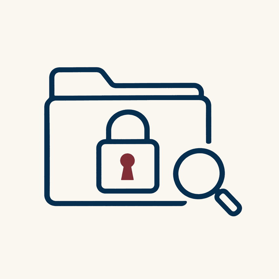 A folder with a padlock on it and a magnifying glass beside it, the padlock keyhole in burgundy, illustrating a privacy check before AI touches patient information