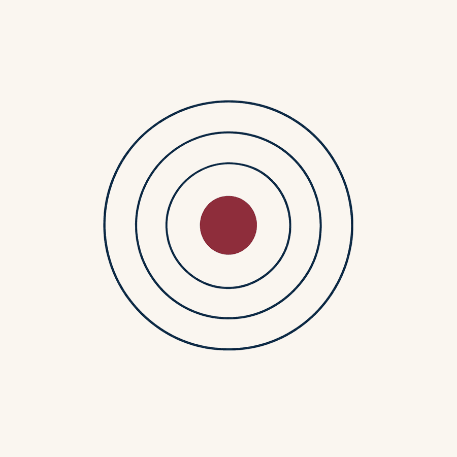 A solid burgundy circle at the centre with three thin navy rings spreading out around it like ripples