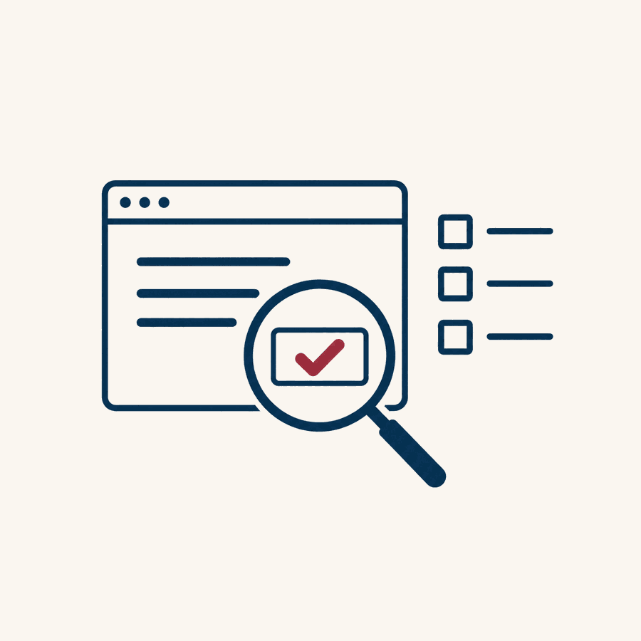 A browser window drawn in navy lines with a magnifying glass over its button, a single burgundy checkmark inside the lens, and a short checklist of empty boxes beside the window