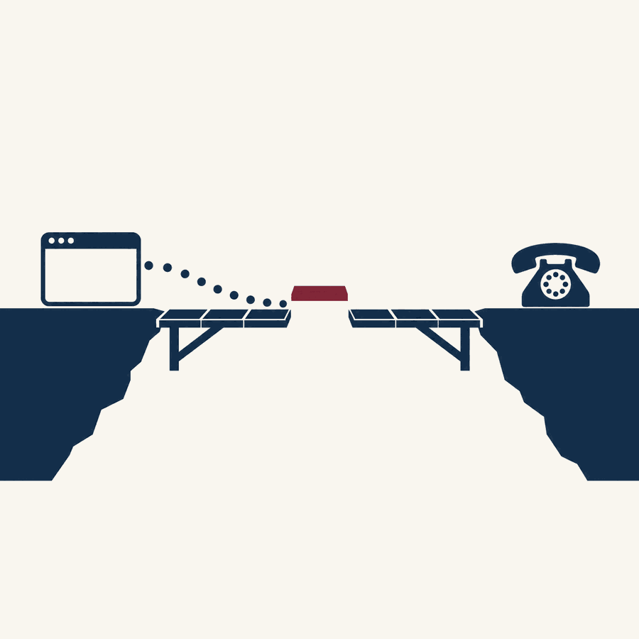 Two cliffs joined by a bridge with one burgundy plank missing, a browser window on one side and a telephone on the other, showing the gap between website visitors and phone calls