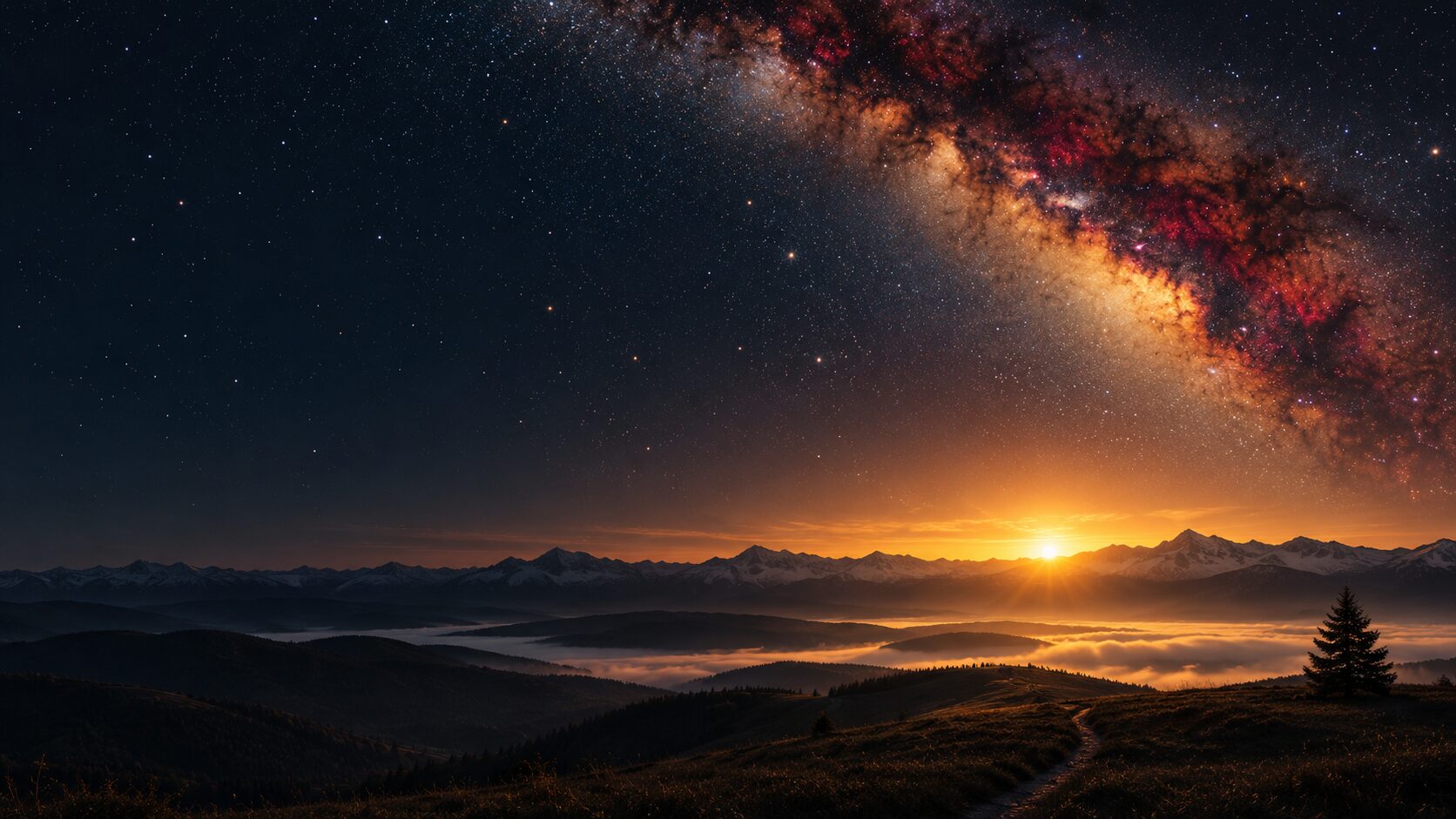 The Milky Way glowing over the Alberta foothills at night, with a trail leading up a hill toward a golden sunrise